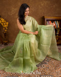 Pista Green Floral Applique and Embroidered Pure Kora Silk Saree