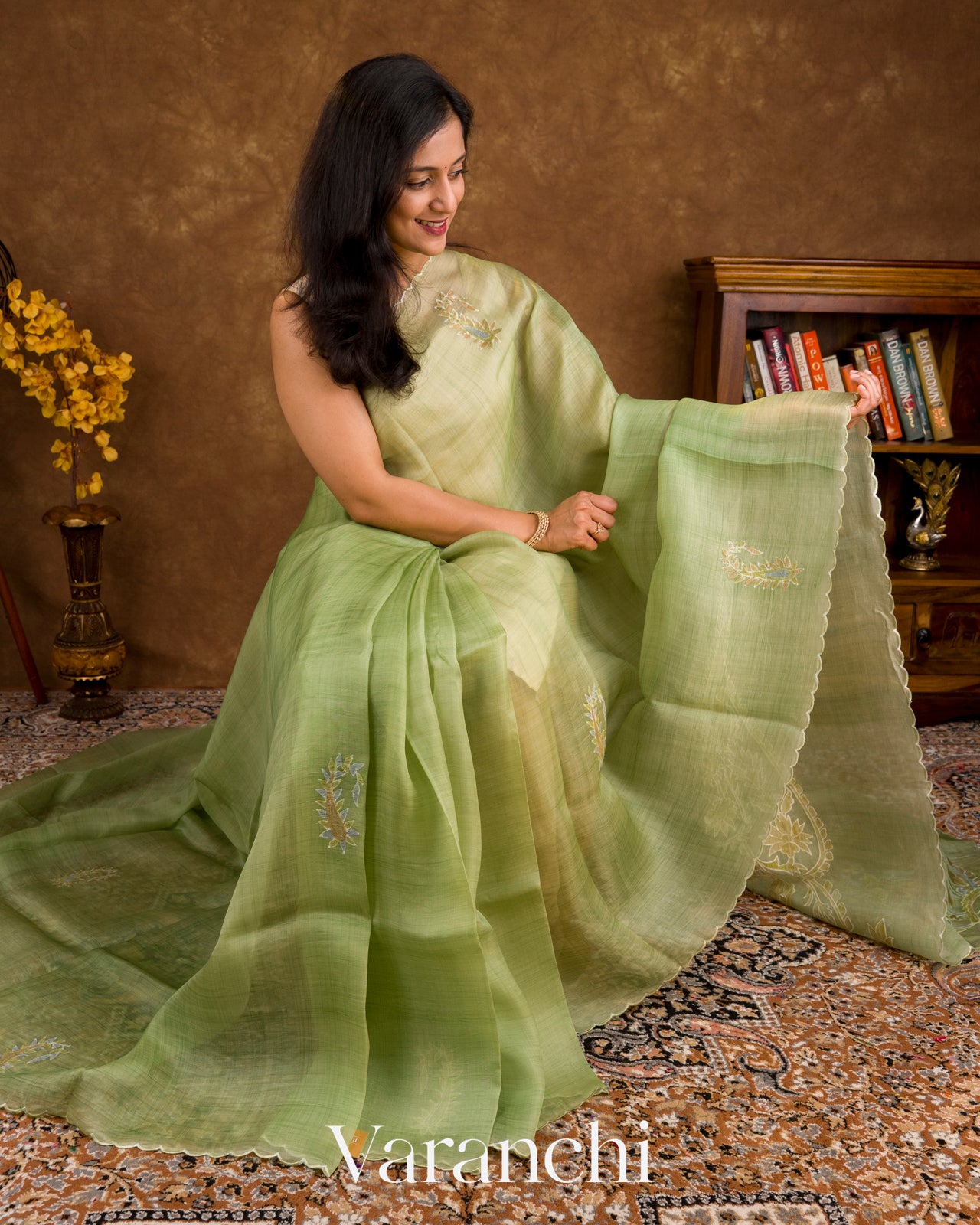 Pista Green Floral Applique and Embroidered Pure Kora Silk Saree