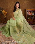 Pista Green Floral Applique and Embroidered Pure Kora Silk Saree