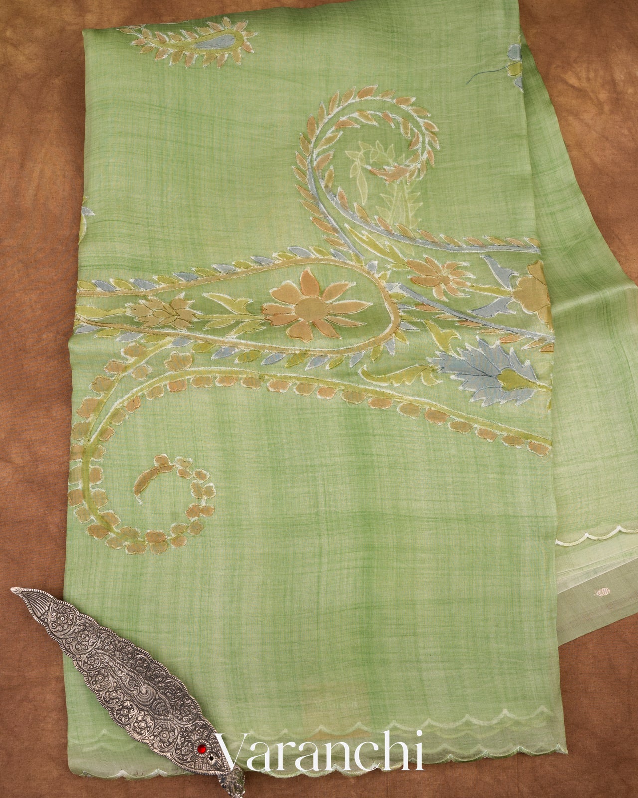 Pista Green Floral Applique and Embroidered Pure Kora Silk Saree