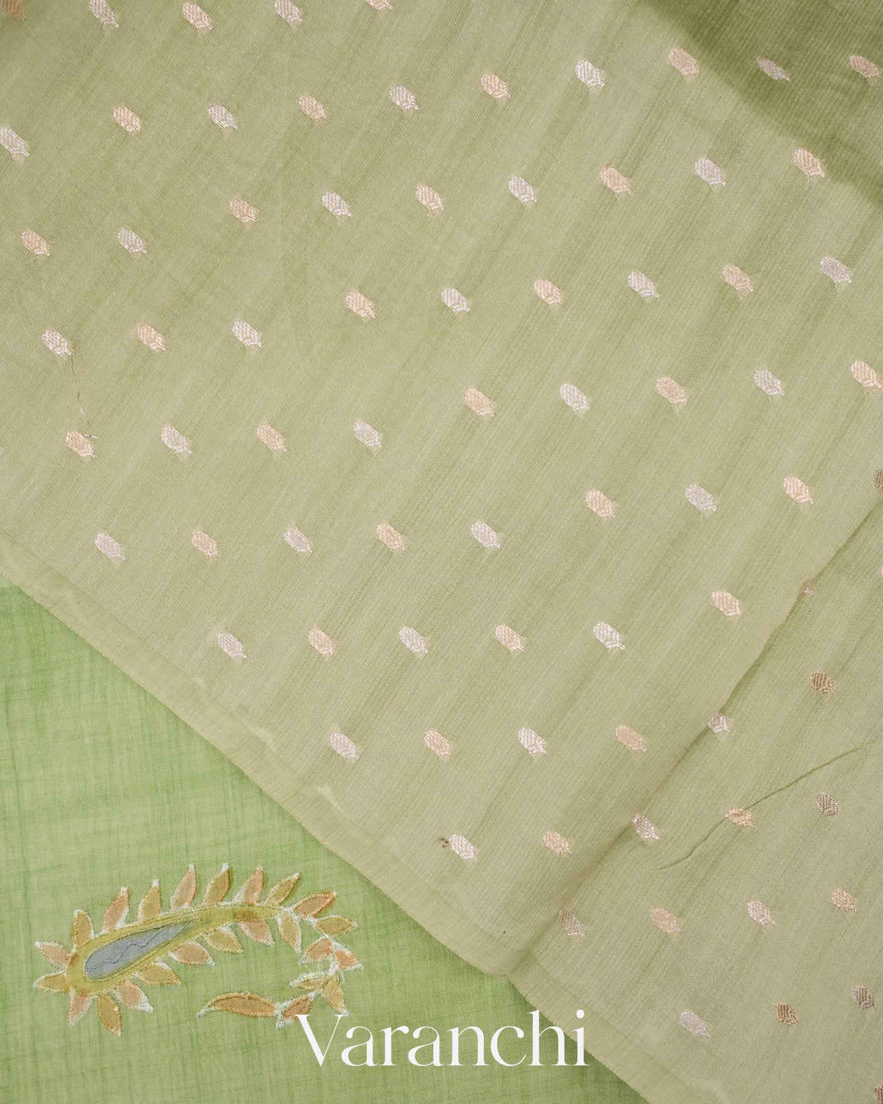 Pista Green Floral Applique and Embroidered Pure Kora Silk Saree