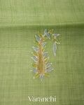 Pista Green Floral Applique and Embroidered Pure Kora Silk Saree