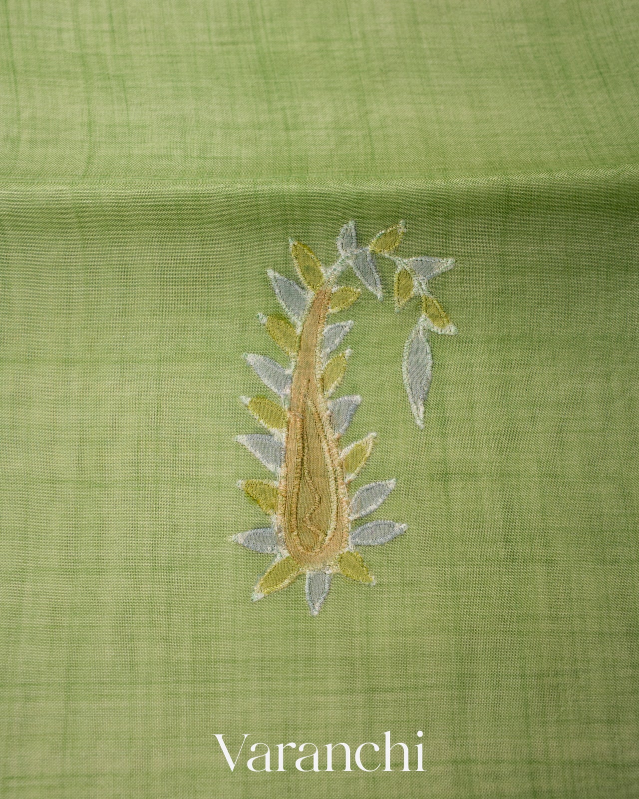 Pista Green Floral Applique and Embroidered Pure Kora Silk Saree