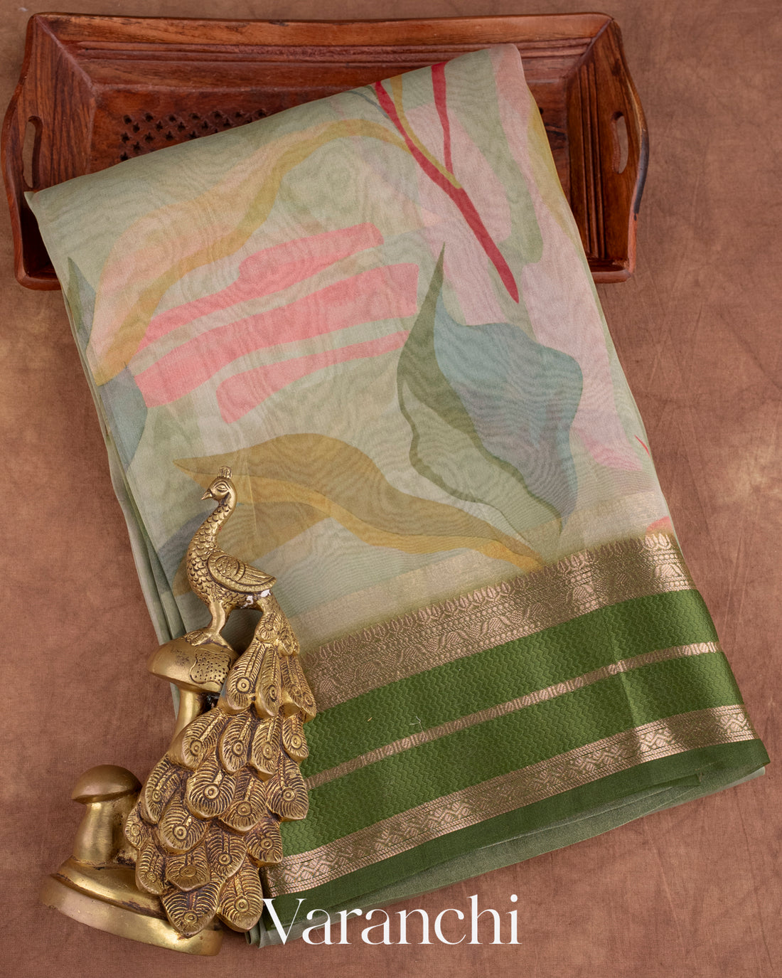 Soft Sage Green Floral Printed Pure Tissue Kora Silk Saree