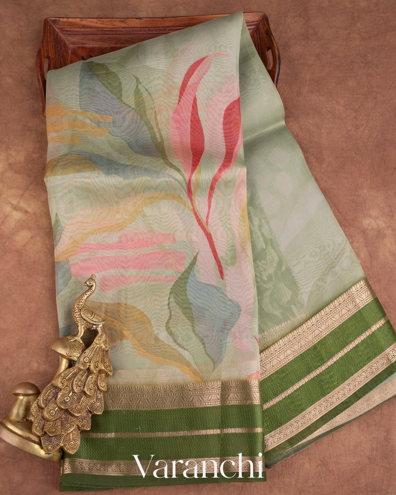 Soft Sage Green Floral Printed Pure Tissue Kora Silk Saree