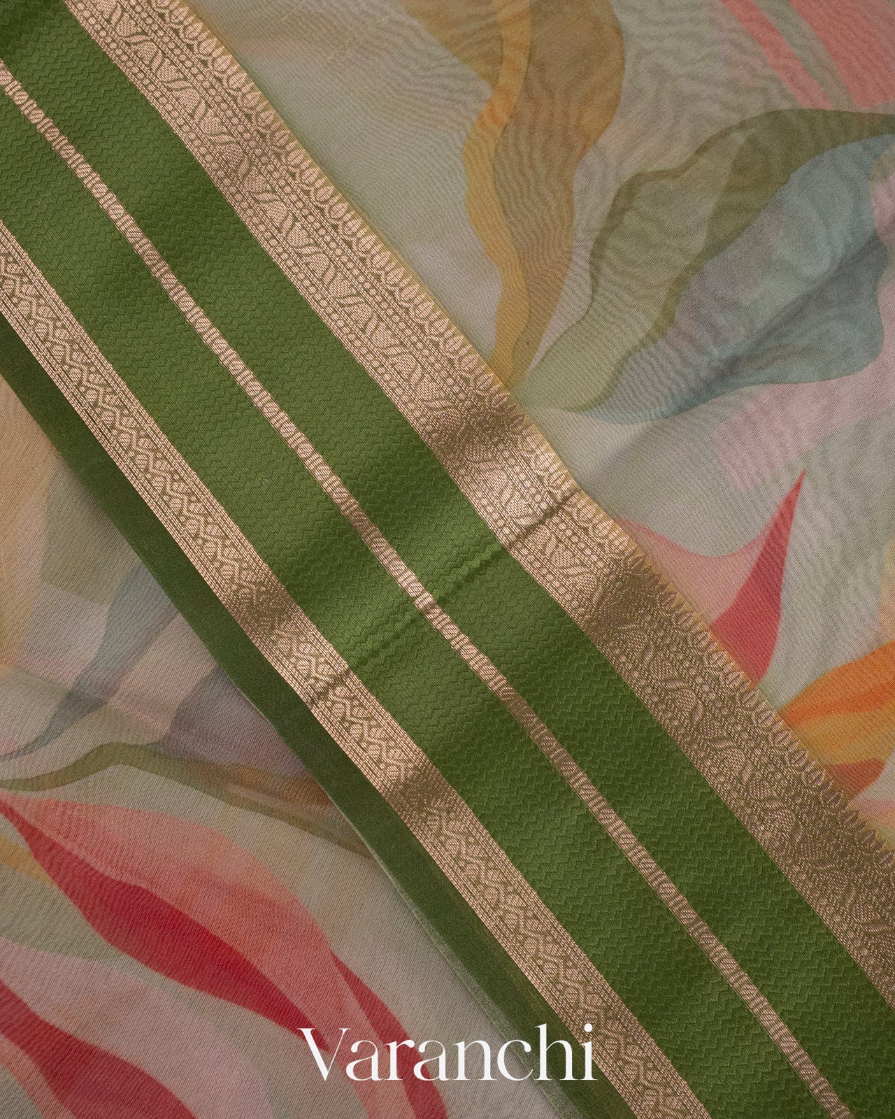 Soft Sage Green Floral Printed Pure Tissue Kora Silk Saree