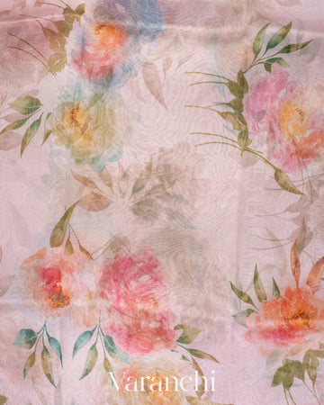 Grey Floral Printed Pure Kora Silk Saree