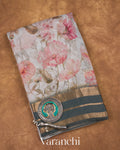 Ash-White Floral Printed Pure Kora Silk Saree