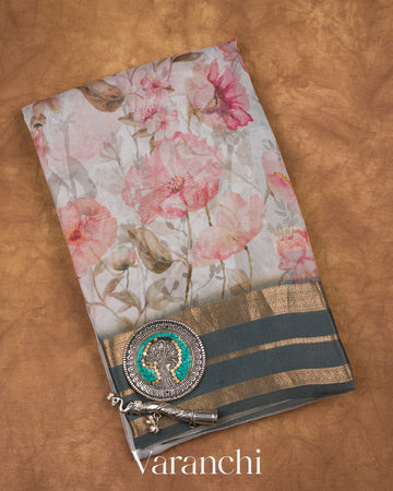 Ash-White Floral Printed Pure Kora Silk Saree