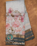 Ash-White Floral Printed Pure Kora Silk Saree