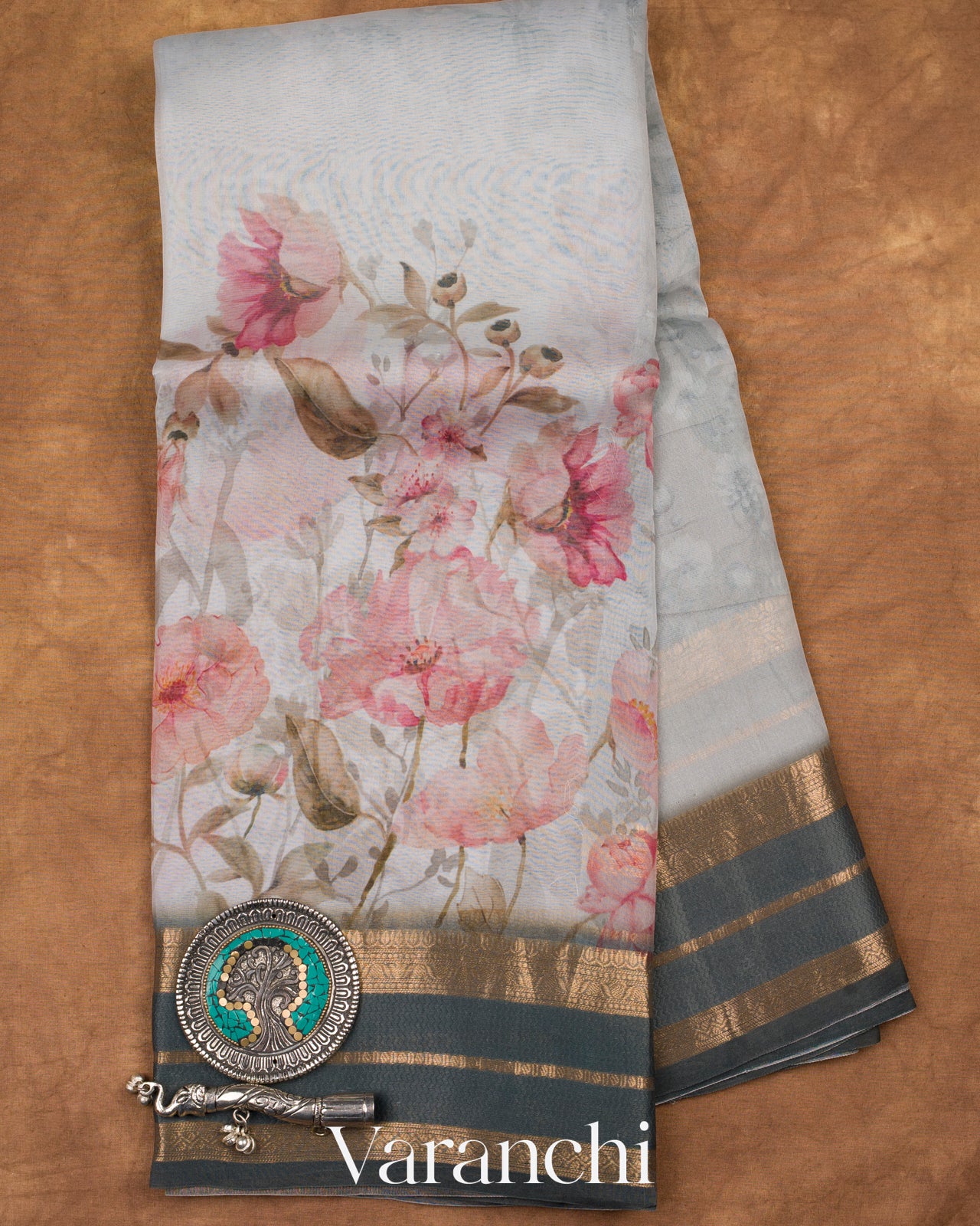 Ash-White Floral Printed Pure Kora Silk Saree