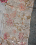 Ash-White Floral Printed Pure Kora Silk Saree