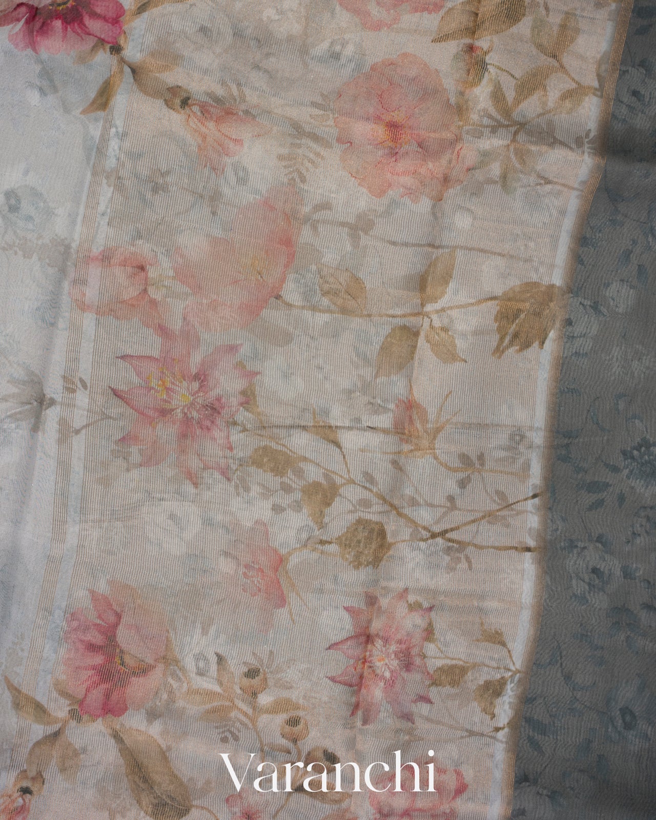 Ash-White Floral Printed Pure Kora Silk Saree