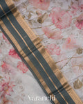 Ash-White Floral Printed Pure Kora Silk Saree