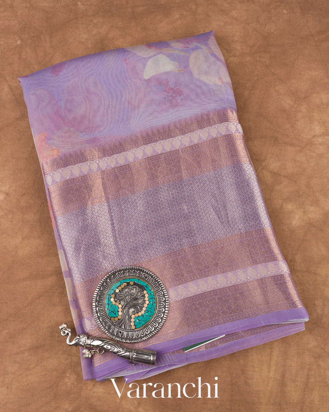 lavender–lilac Floral Printed Pure Kora Silk Saree