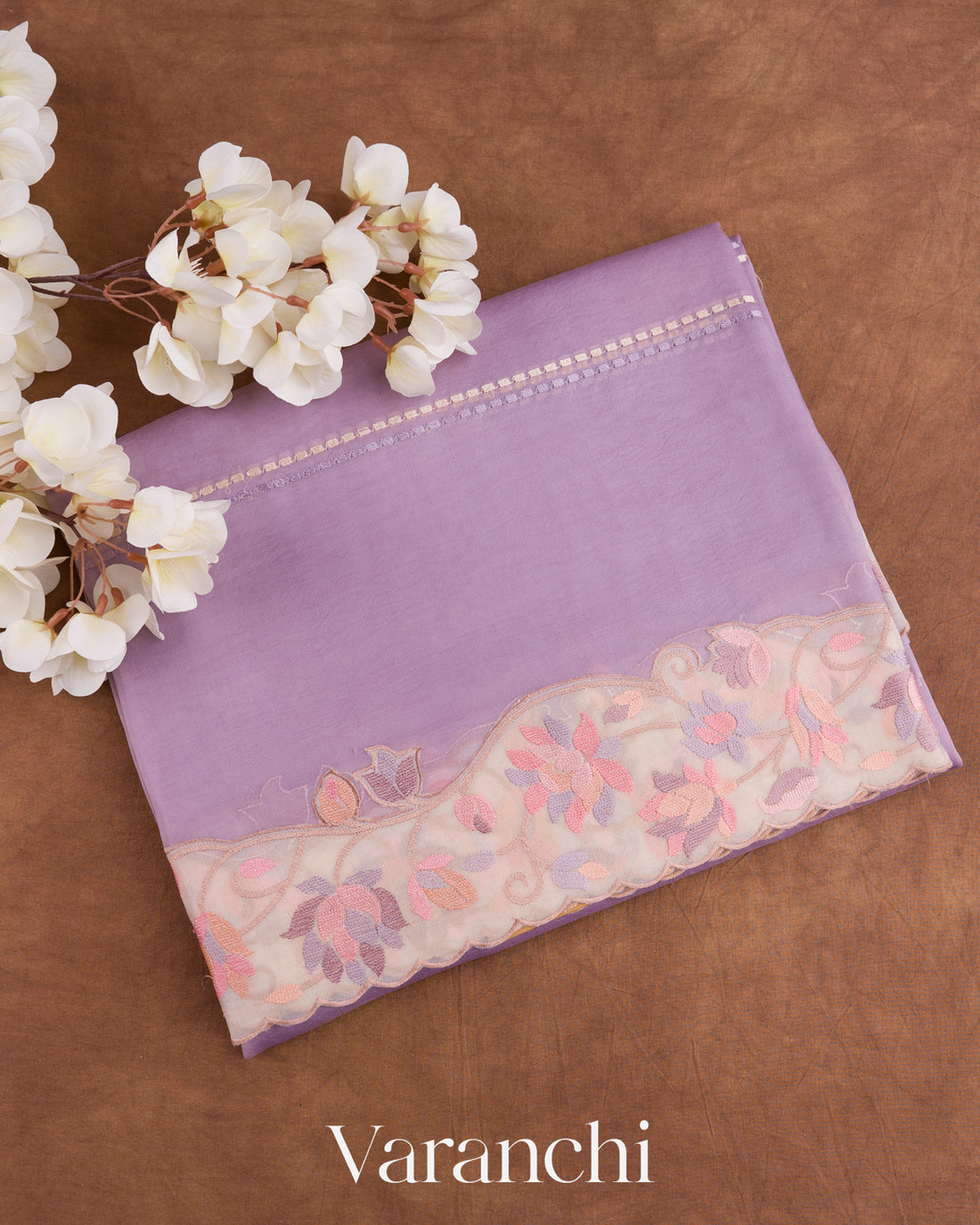 Lavender with Embroidered Border Pure Kora Silk Saree