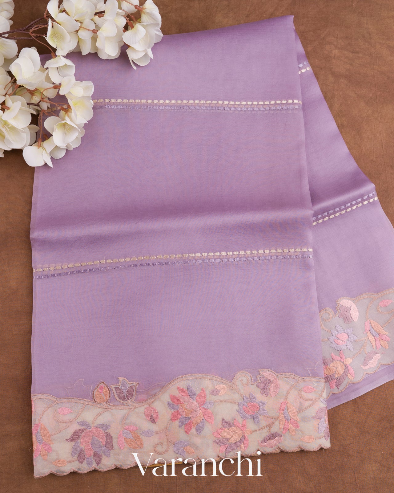 Lavender with Embroidered Border Pure Kora Silk Saree