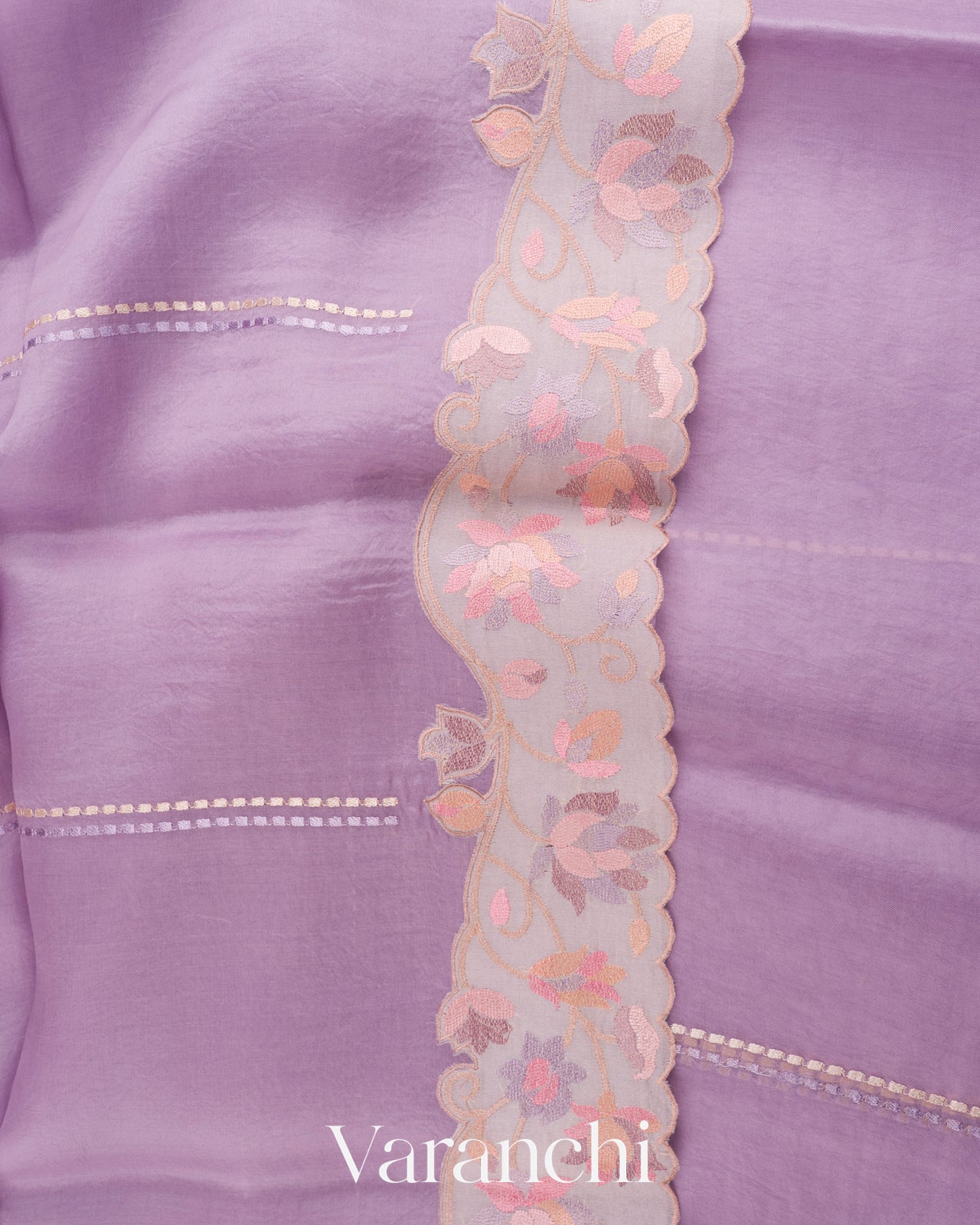 Lavender with Embroidered Border Pure Kora Silk Saree