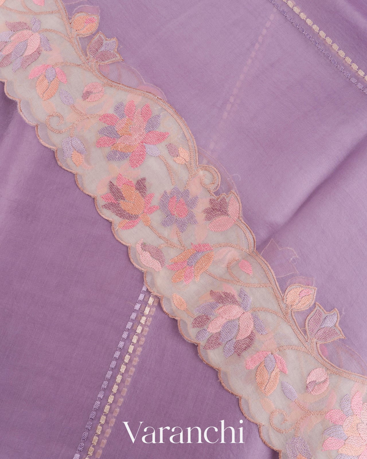 Lavender with Embroidered Border Pure Kora Silk Saree