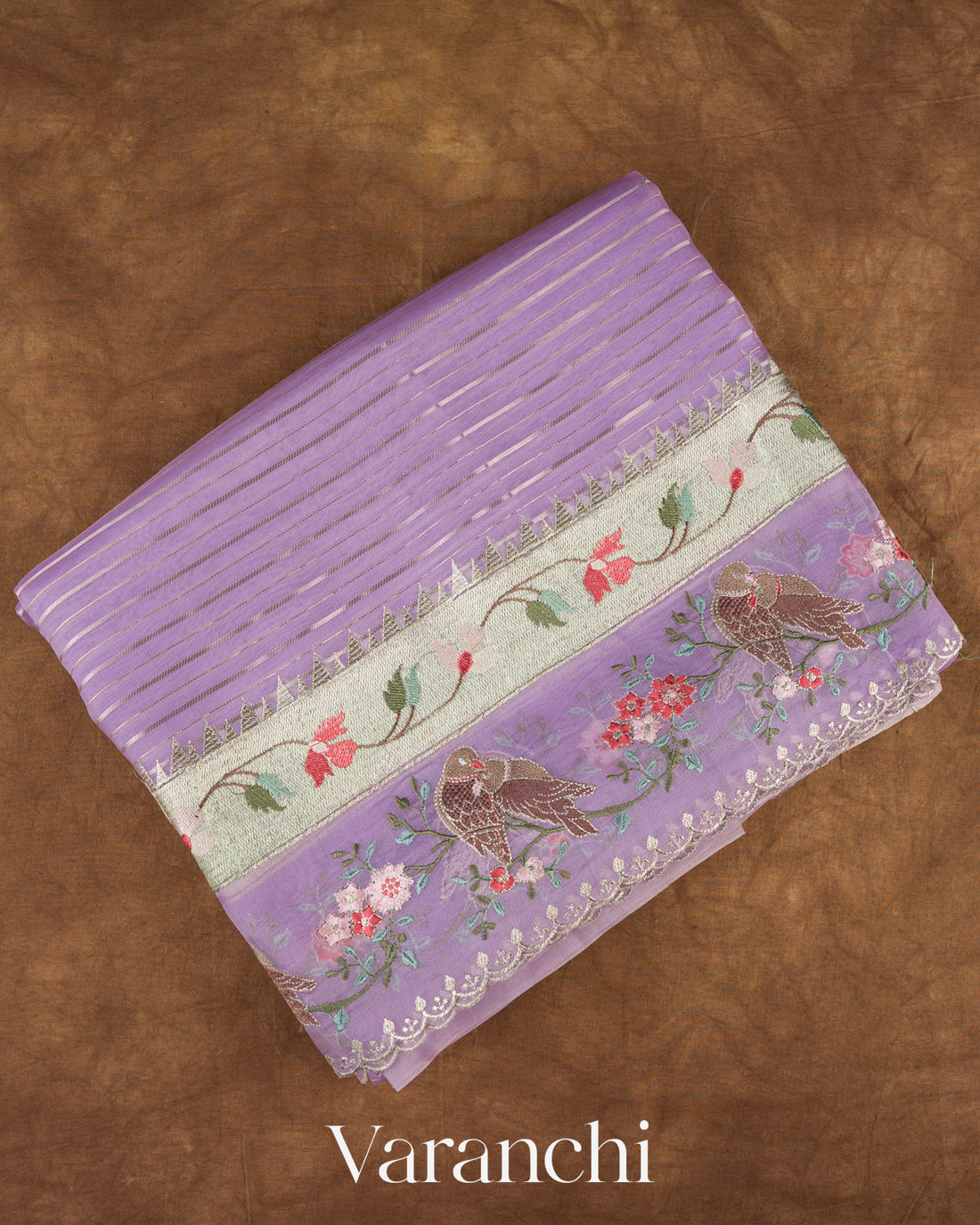 Lavender Lilac Tissue Striped and Embroidered Border Pure Kora Silk Saree
