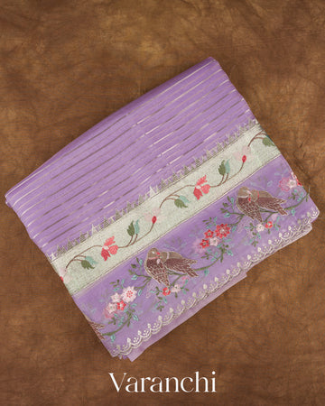 Lavender Lilac Tissue Striped and Embroidered Border Pure Kora Silk Saree