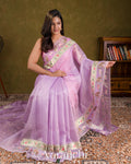 Lavender Lilac Tissue Striped and Embroidered Border Pure Kora Silk Saree