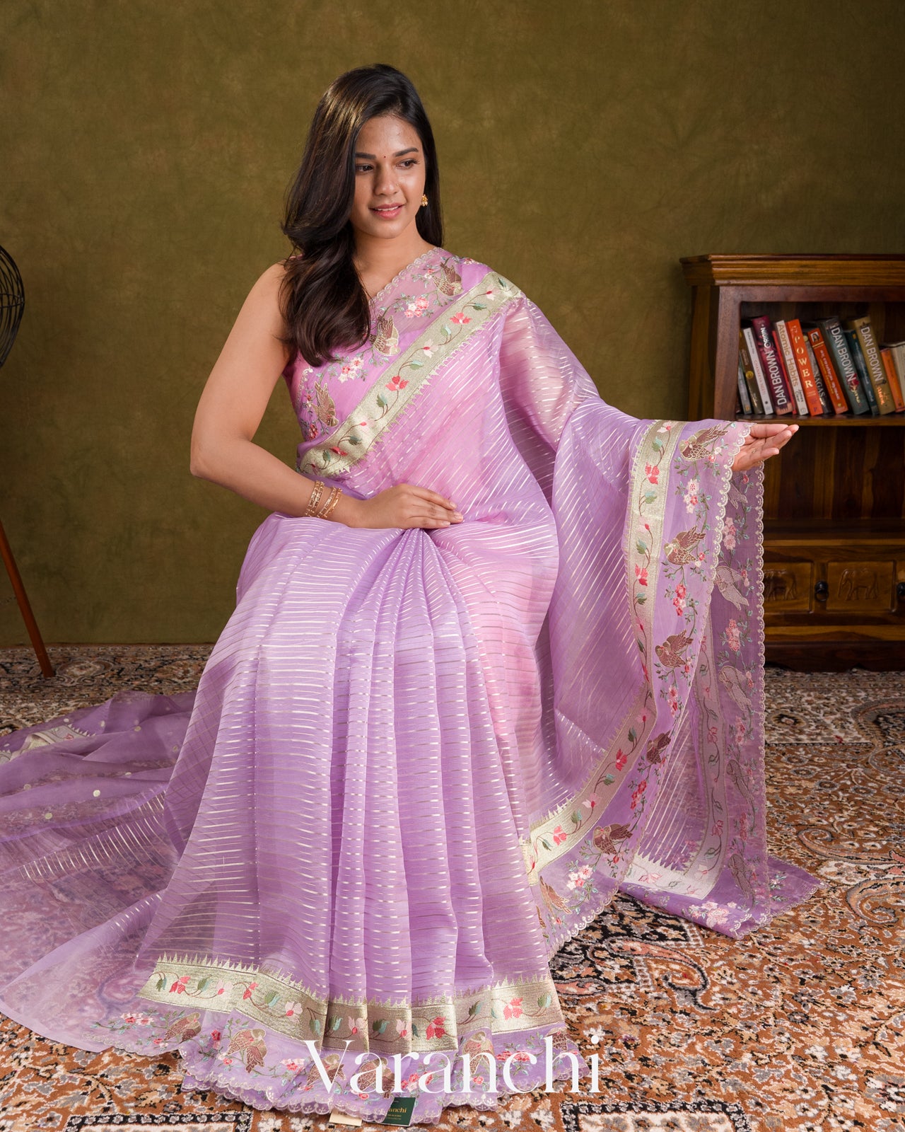 Lavender Lilac Tissue Striped and Embroidered Border Pure Kora Silk Saree