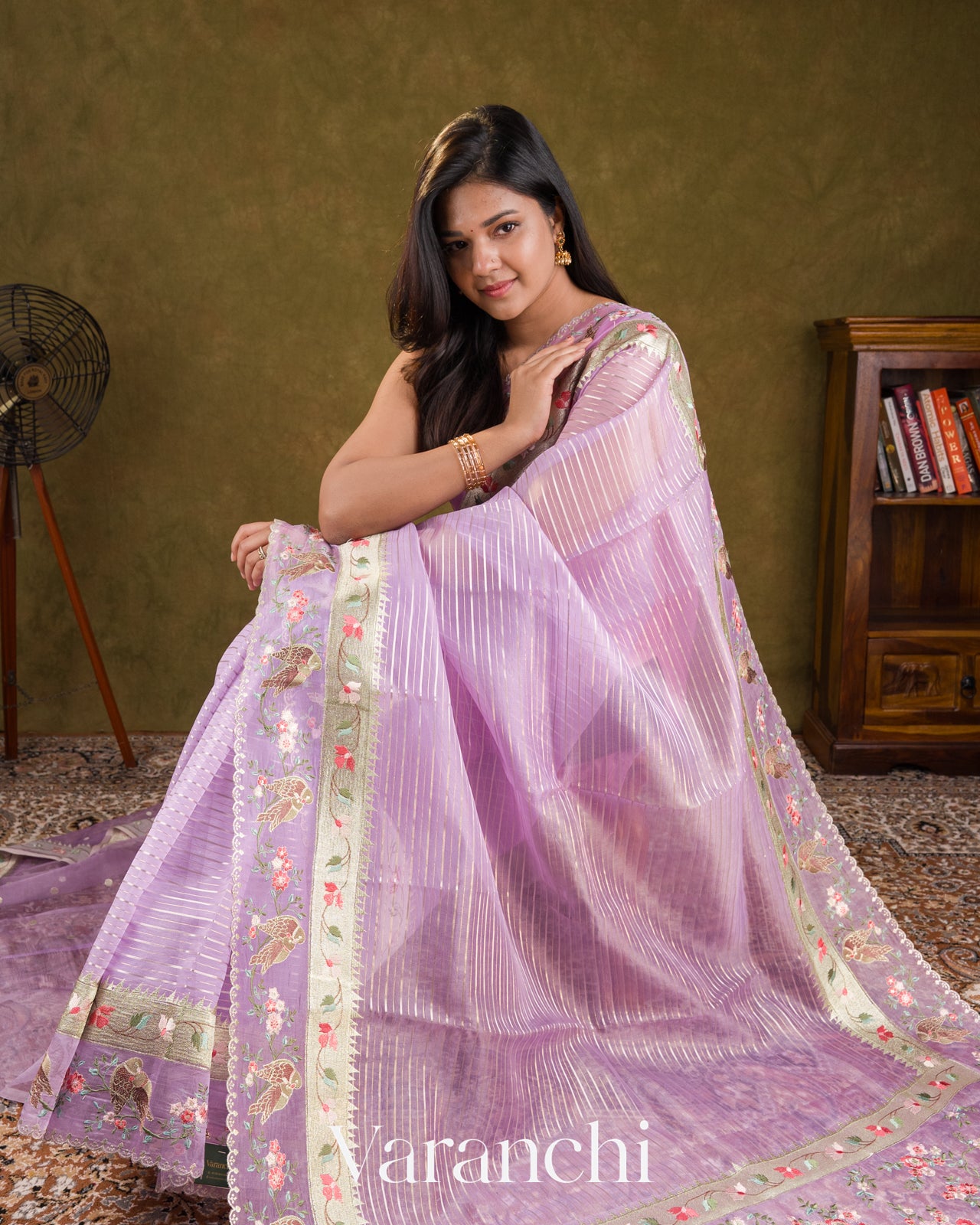 Tissue Striped and Embroidered Border Pure Kora Silk Saree