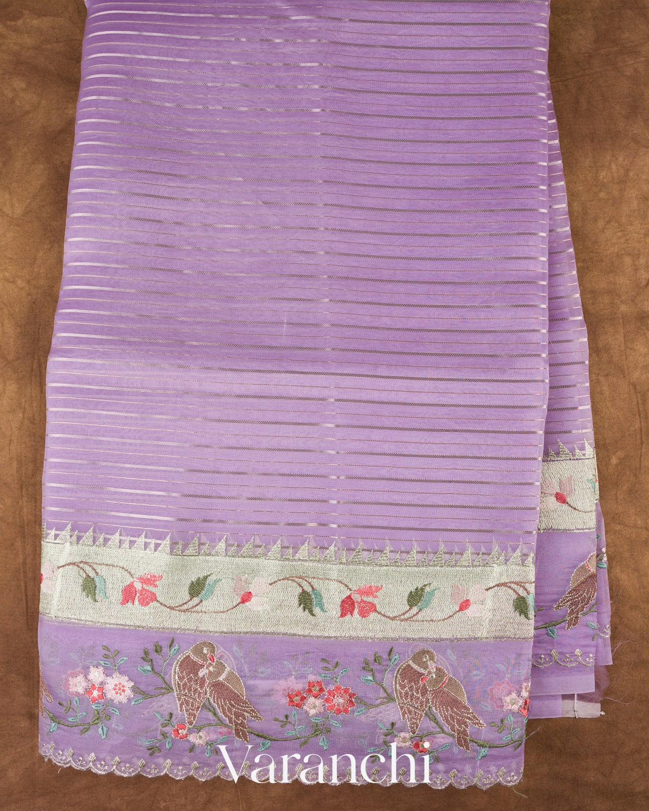 Lavender Lilac Tissue Striped and Embroidered Border Pure Kora Silk Saree