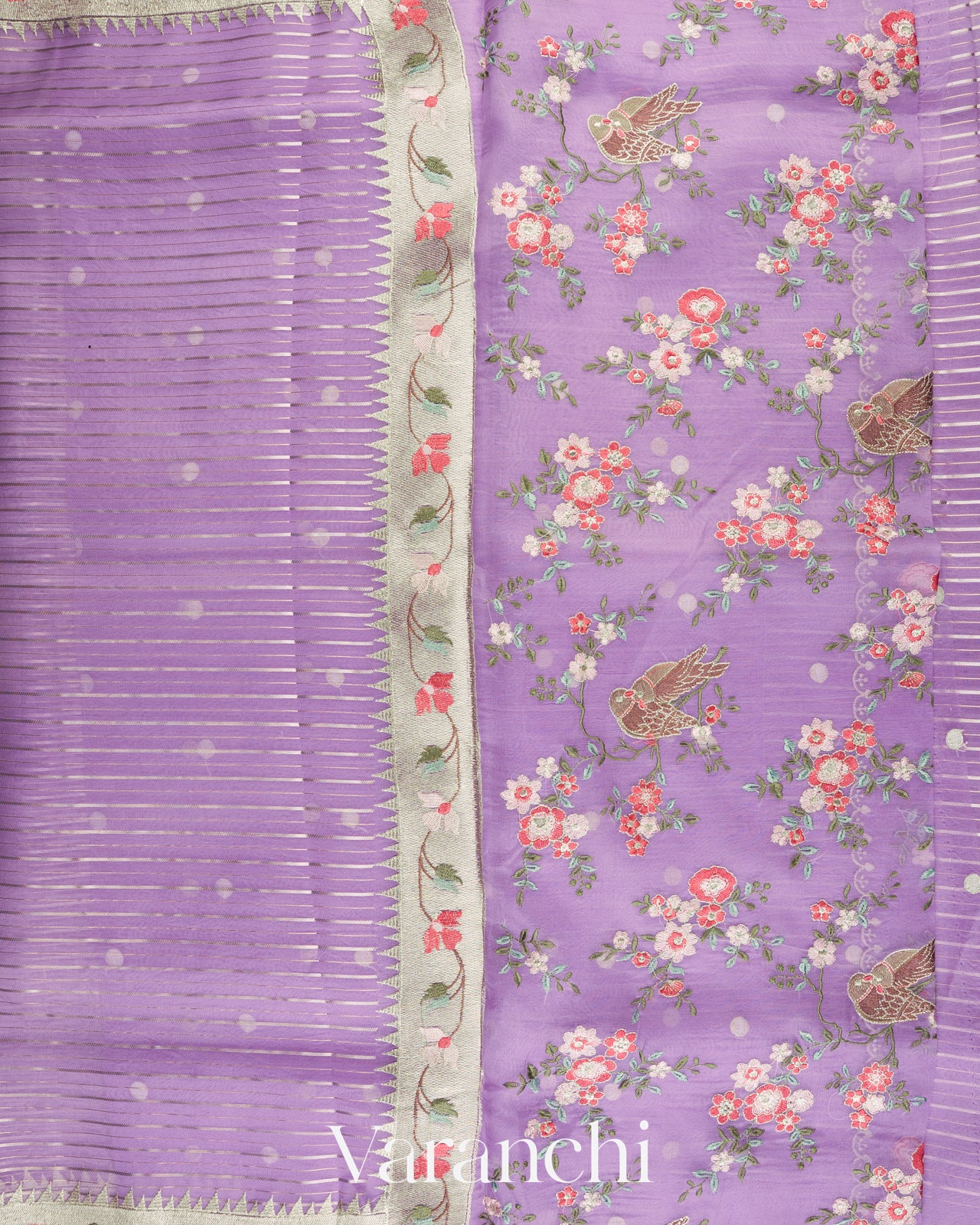 Lavender Lilac Tissue Striped and Embroidered Border Pure Kora Silk Saree