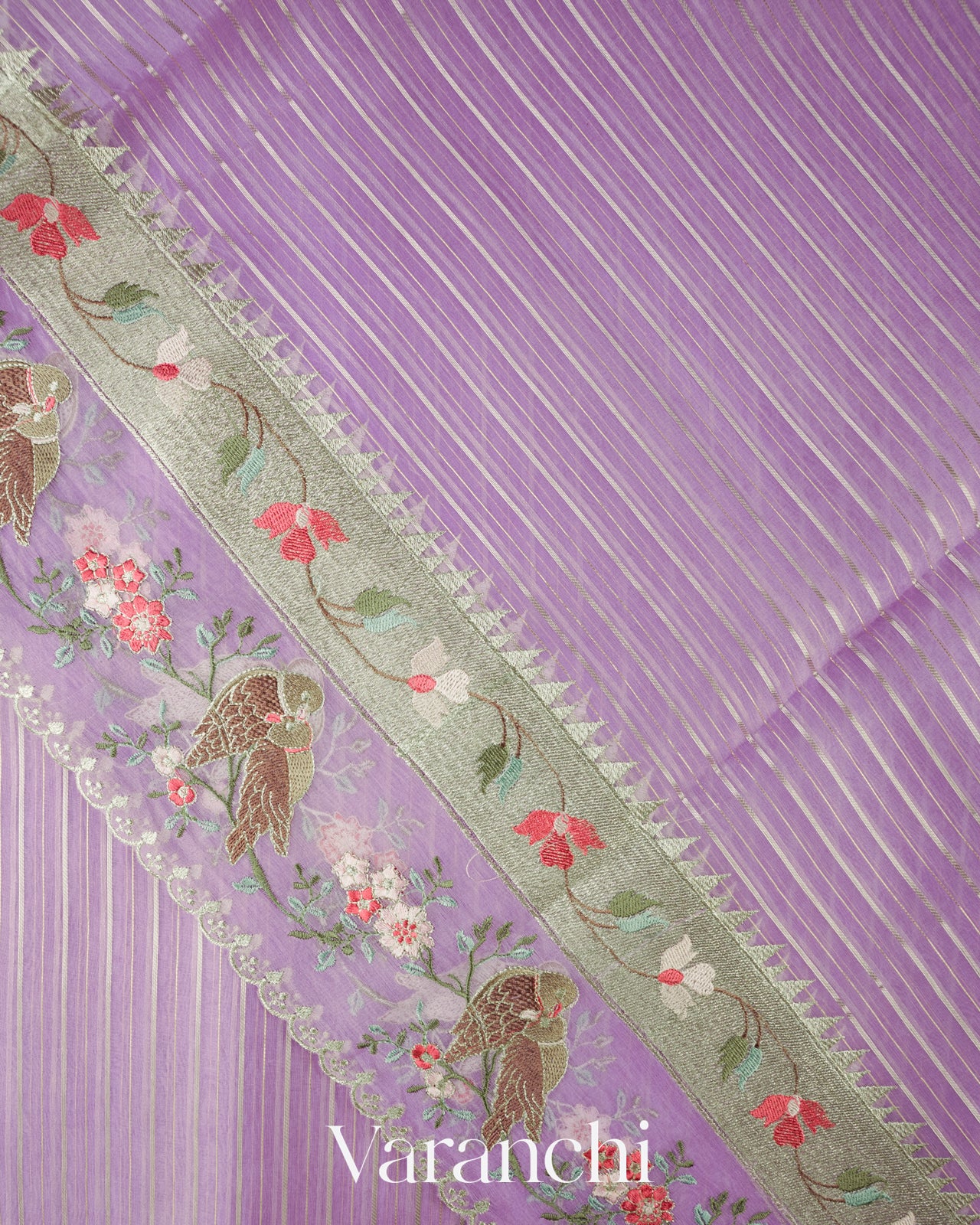 Tissue Striped and Embroidered Border Pure Kora Silk Saree