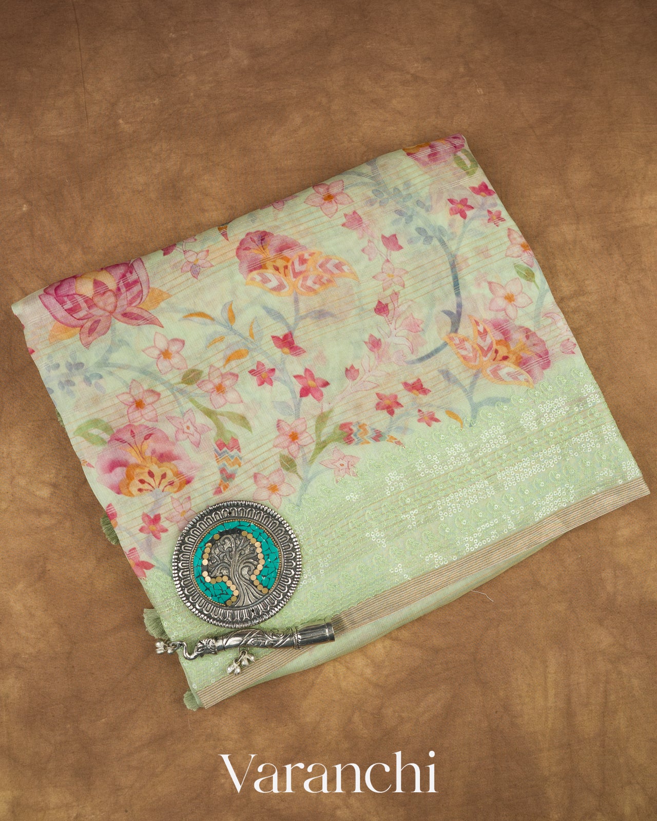 Pale Mint Embroidered and Digital Printed Pure Kora Silk Saree