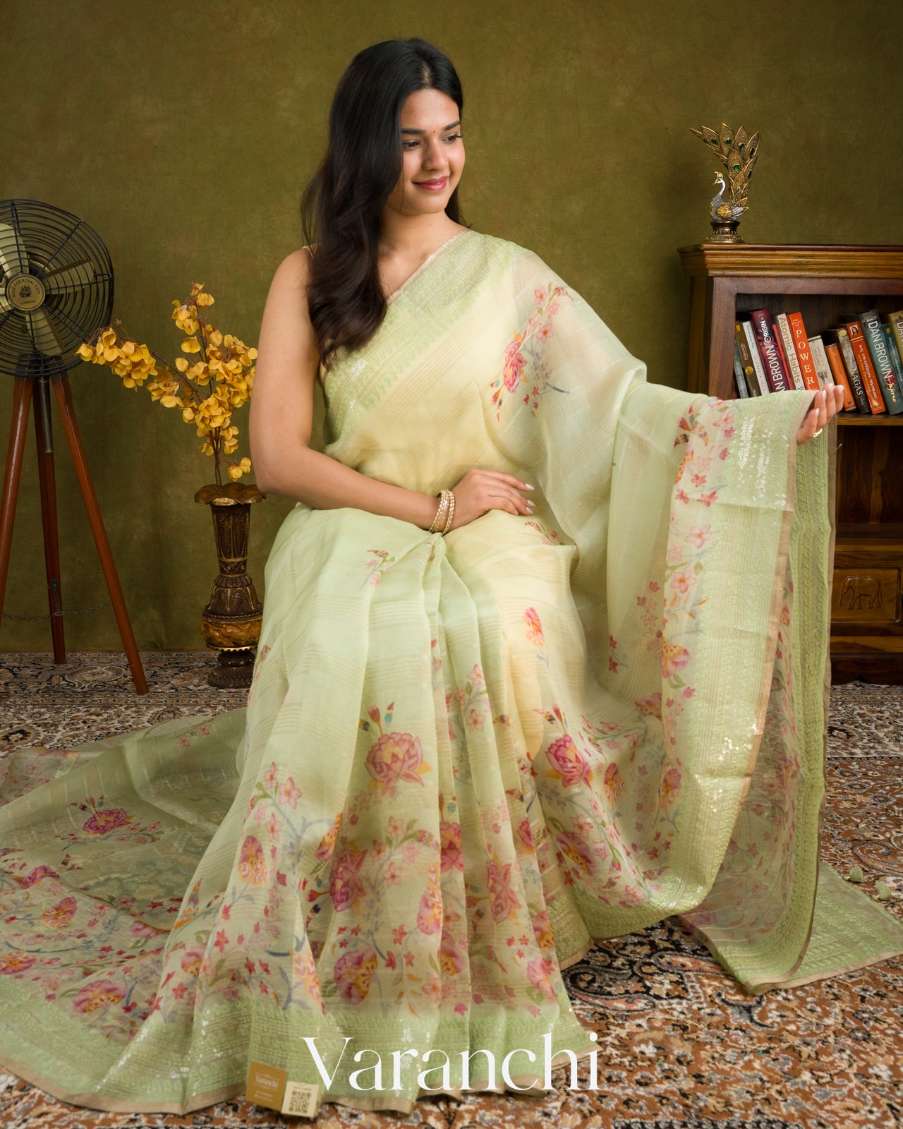 Pale Mint Embroidered and Digital Printed Pure Kora Silk Saree