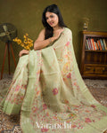 Pale Mint Embroidered and Digital Printed Pure Kora Silk Saree