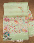 Pale Mint Embroidered and Digital Printed Pure Kora Silk Saree