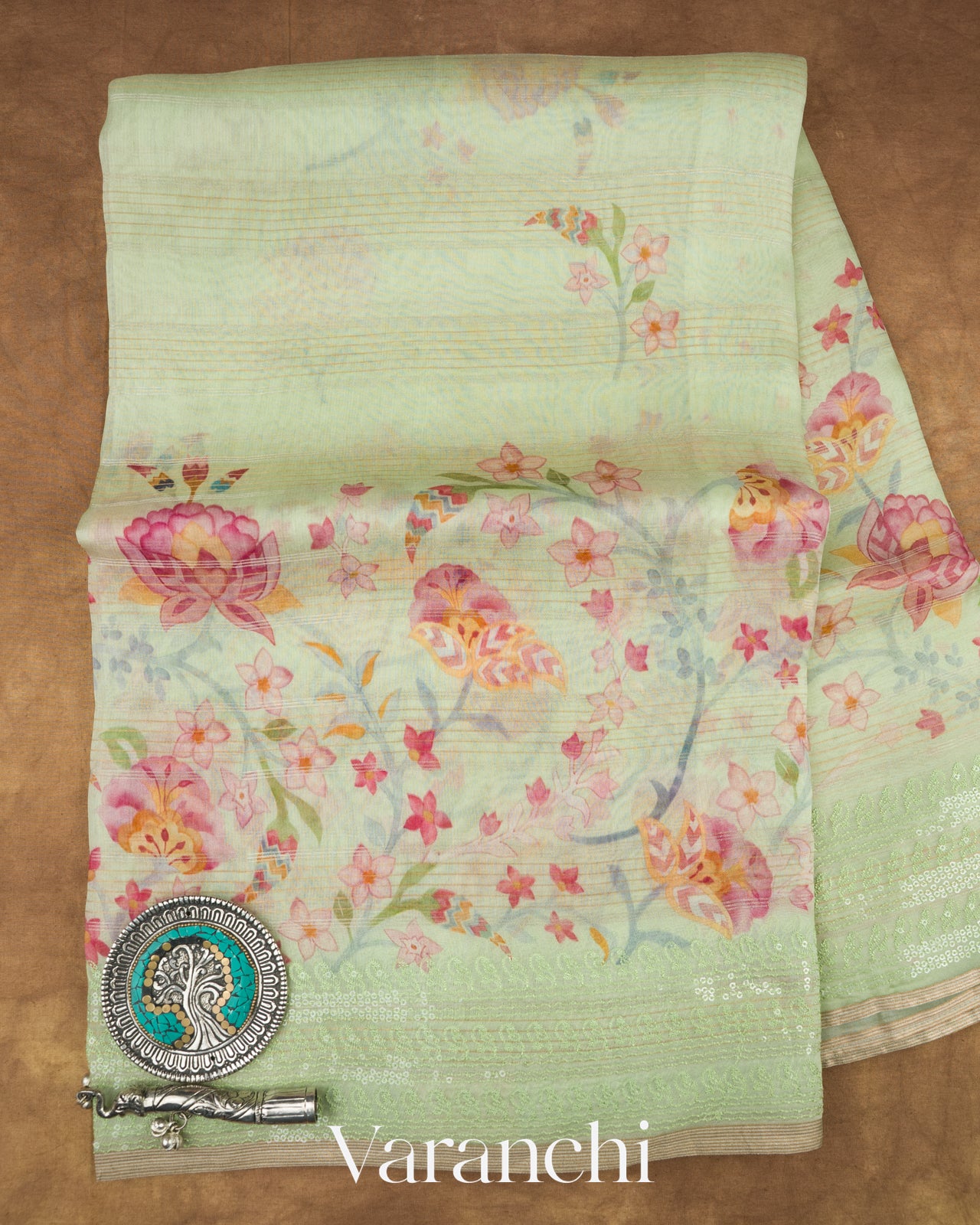 Pale Mint Embroidered and Digital Printed Pure Kora Silk Saree