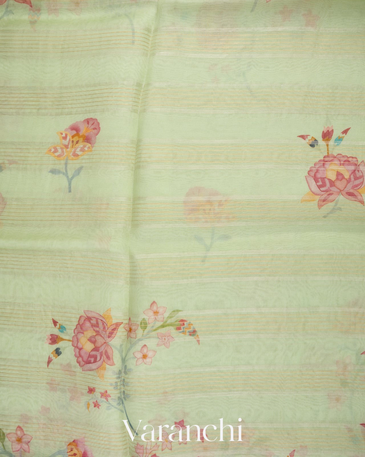 Pale Mint Embroidered and Digital Printed Pure Kora Silk Saree