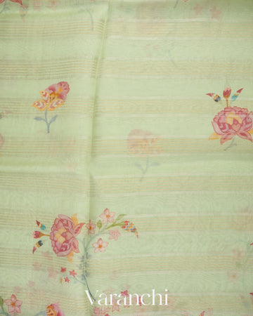 Pale Mint Embroidered and Digital Printed Pure Kora Silk Saree