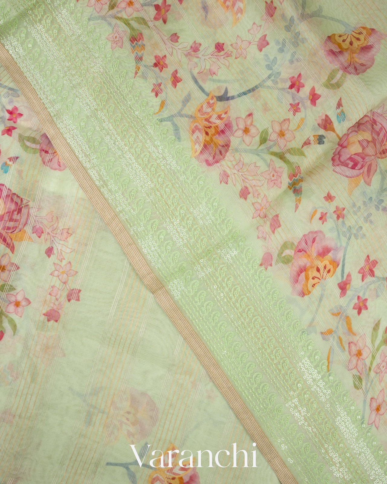Pale Mint Embroidered and Digital Printed Pure Kora Silk Saree