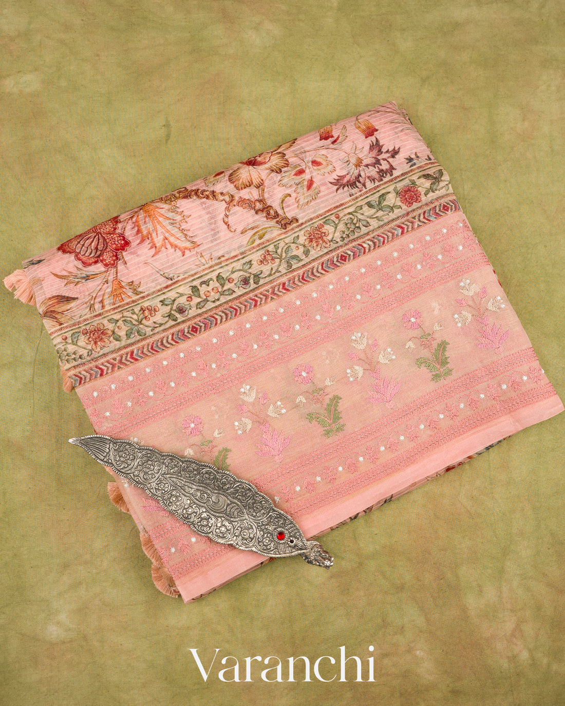 Soft Peach Embroidered and Digital Printed Pure Kora Silk Saree 