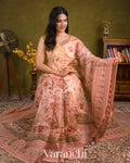 Soft Peach Embroidered and Digital Printed Pure Kora Silk Saree 
