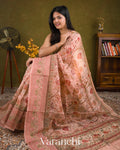 Soft Peach Embroidered and Digital Printed Pure Kora Silk Saree 