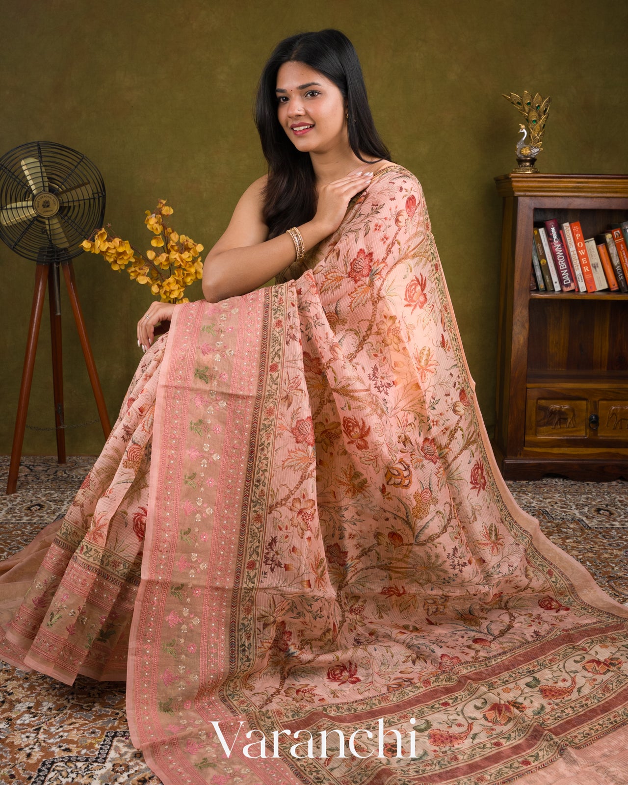 Soft Peach Embroidered and Digital Printed Pure Kora Silk Saree 