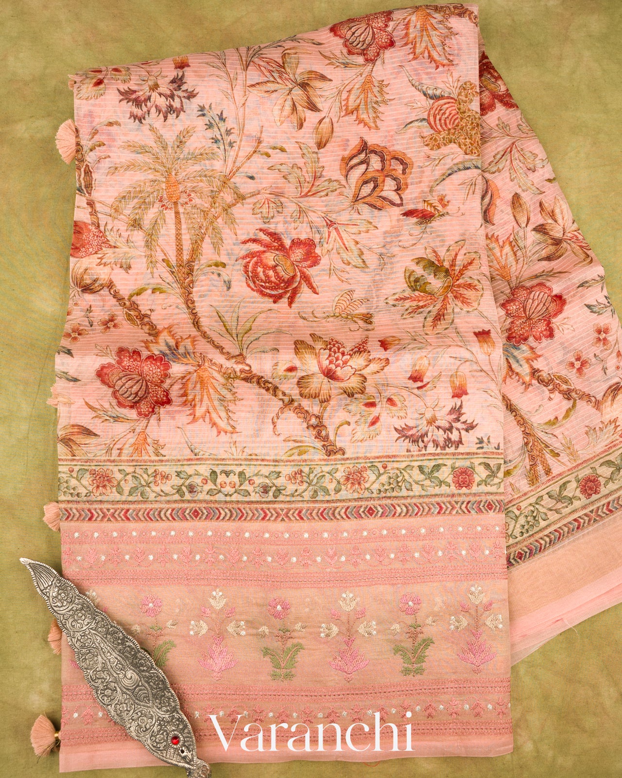 Soft Peach Embroidered and Digital Printed Pure Kora Silk Saree 