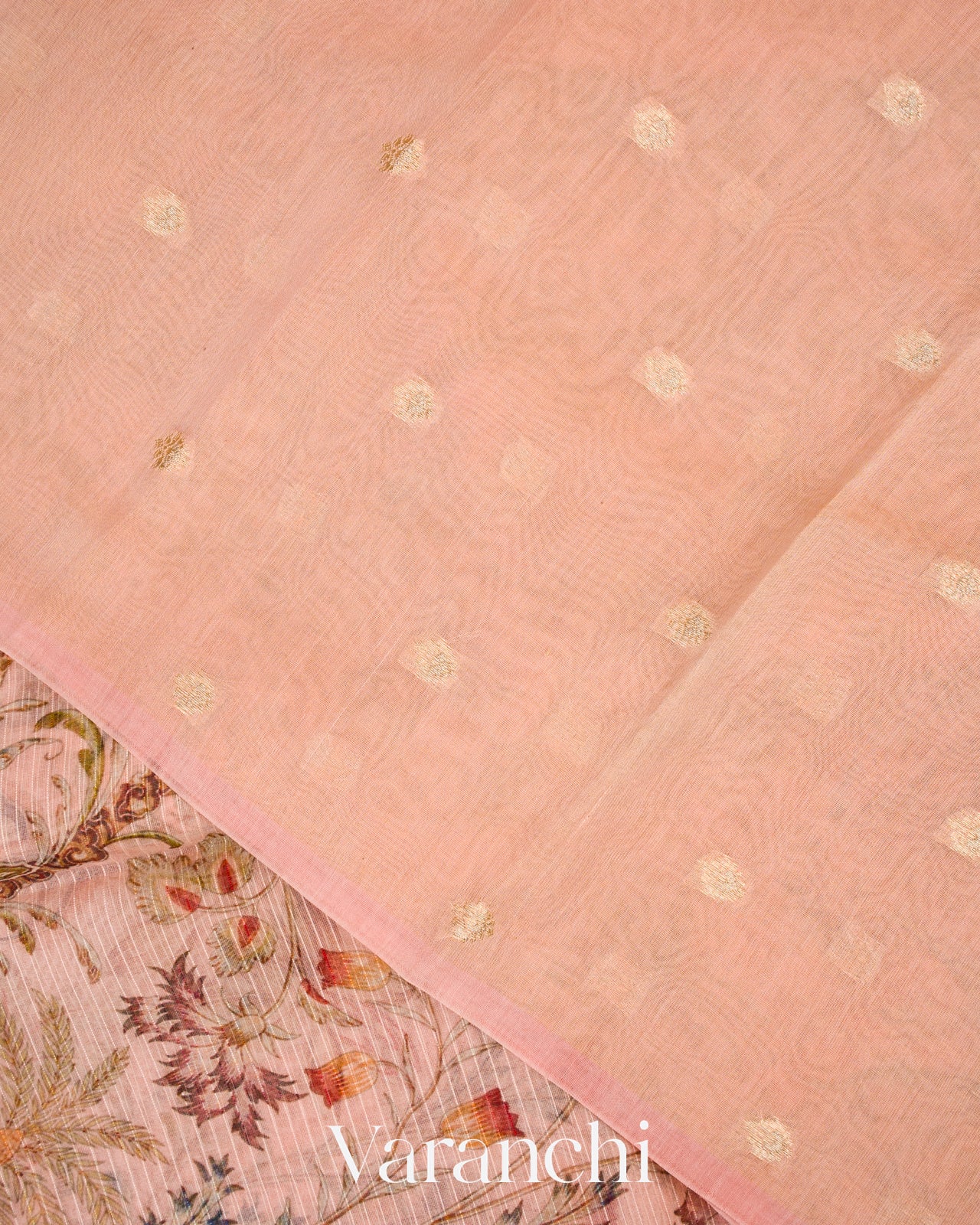 Soft Peach Embroidered and Digital Printed Pure Kora Silk Saree 