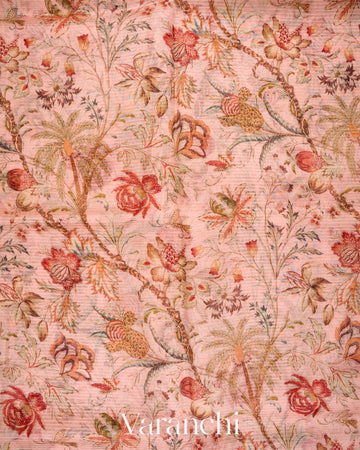 Soft Peach Embroidered and Digital Printed Pure Kora Silk Saree 