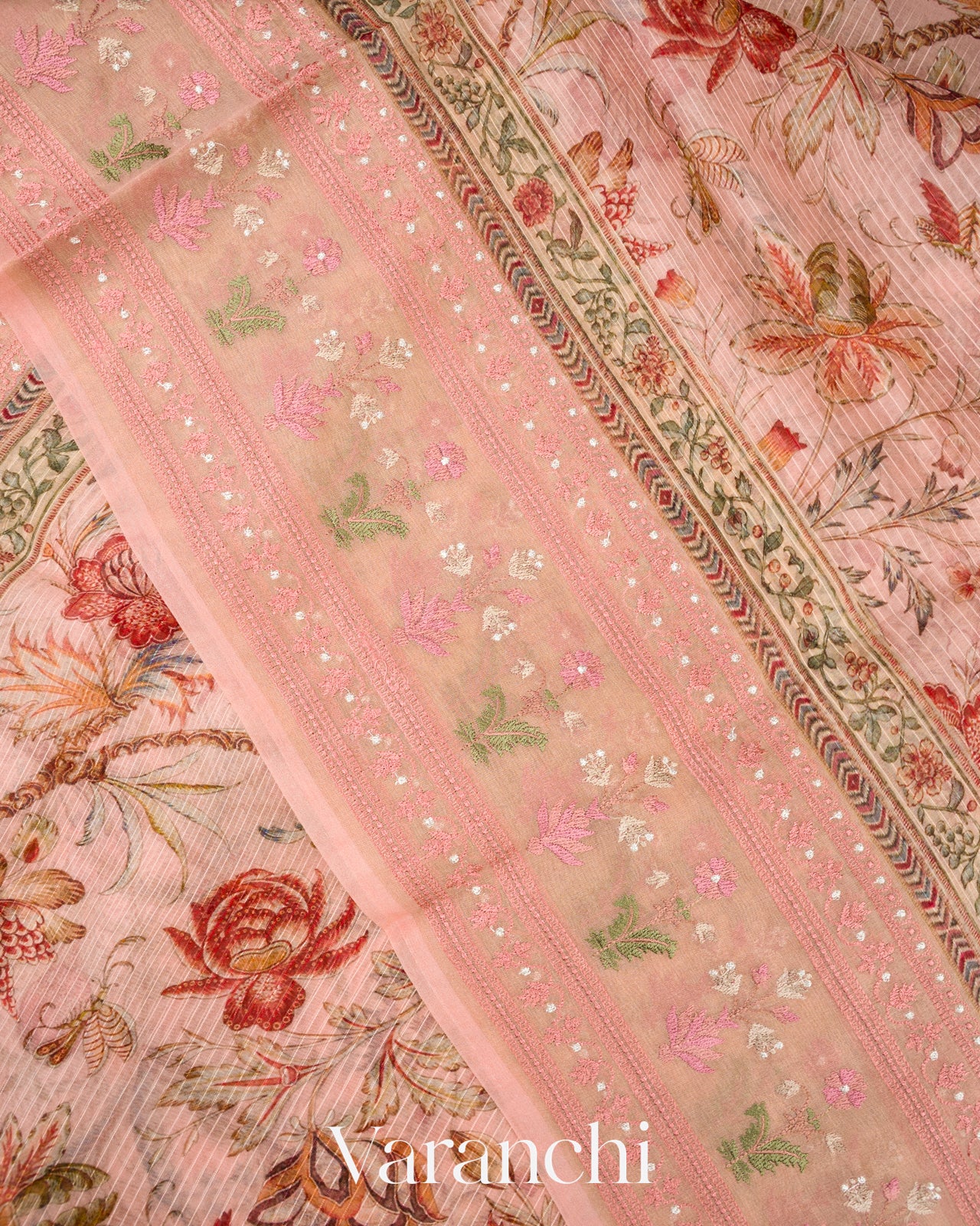 Soft Peach Embroidered and Digital Printed Pure Kora Silk Saree 