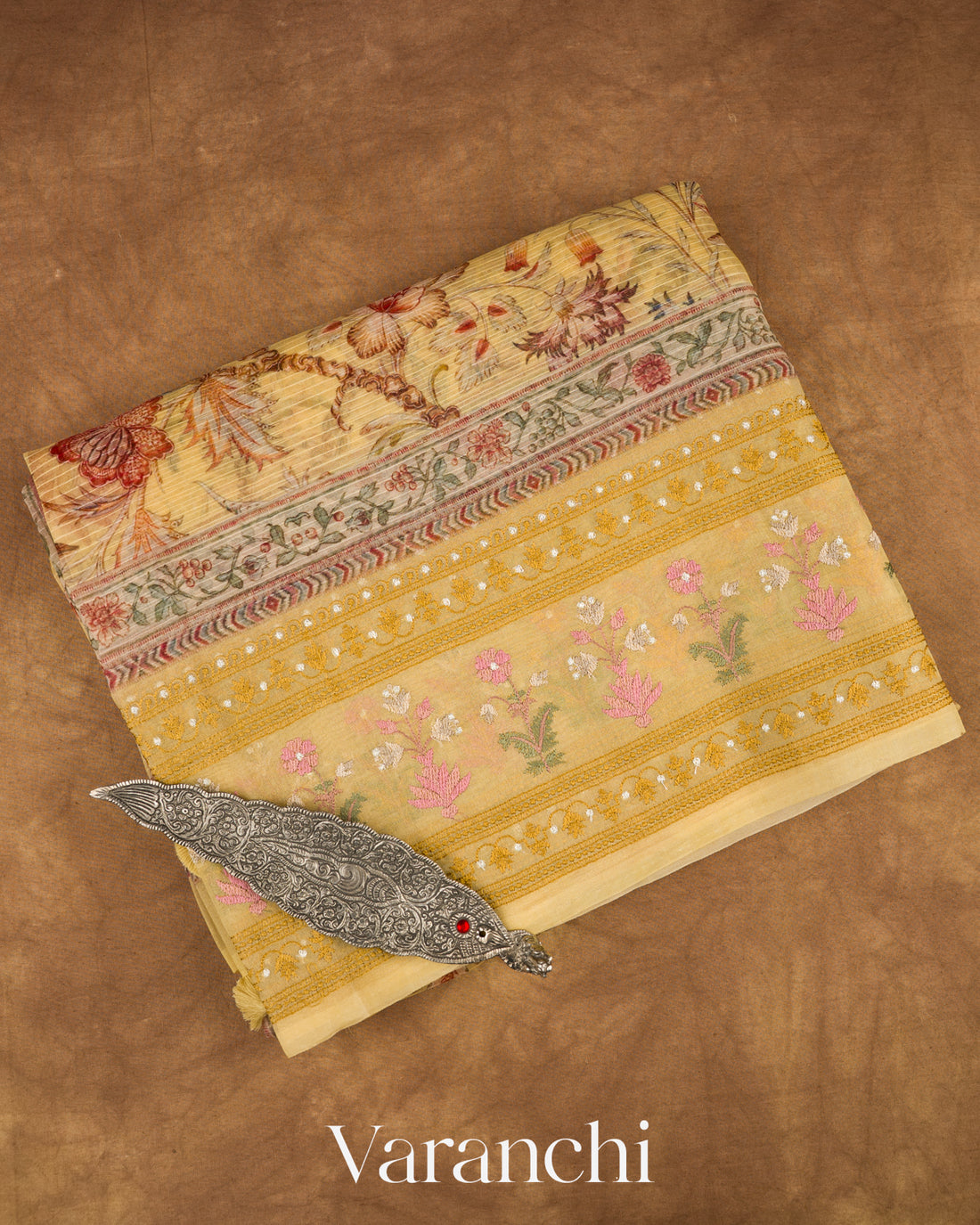 Honey Yellow Embroidered and Digital Printed Pure Kora Silk Saree