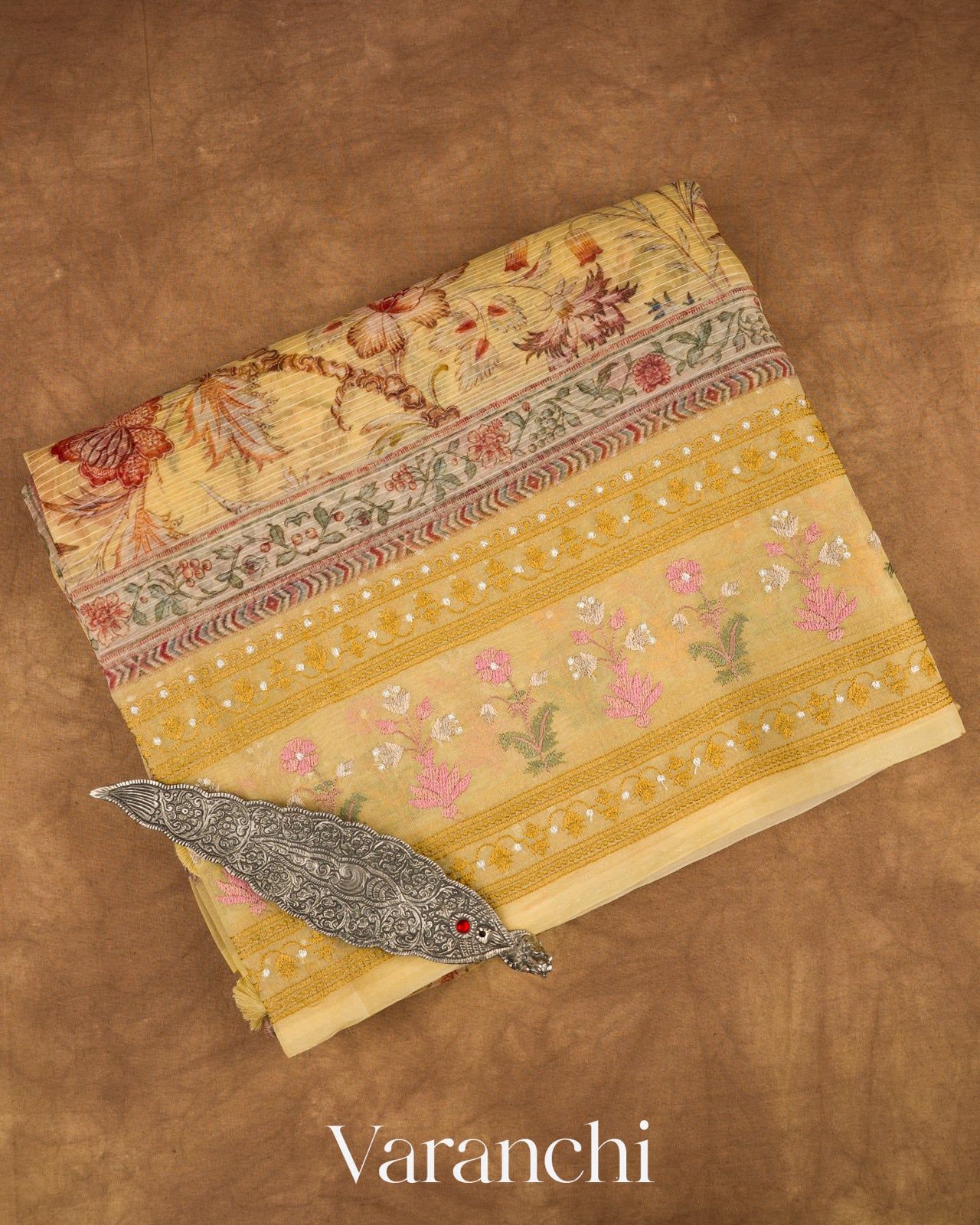 Honey Yellow Embroidered and Digital Printed Pure Kora Silk Saree