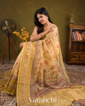 Honey Yellow Embroidered and Digital Printed Pure Kora Silk Saree